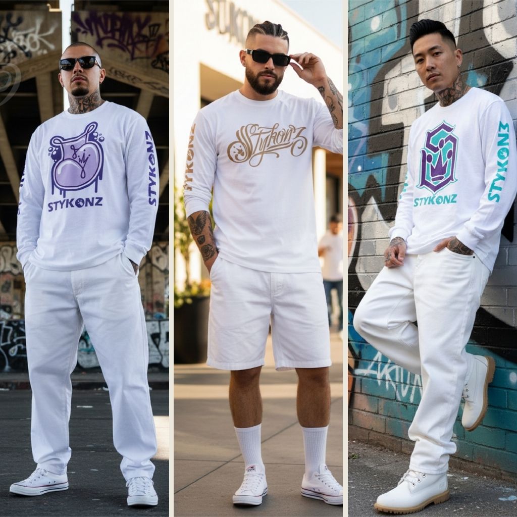 Three men wearing white outfits with branded Stykonz designs in an urban setting.